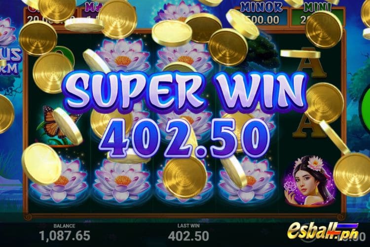 Bet 10 pesos and win 402.5 pesos on Lotus Charm Big Win.