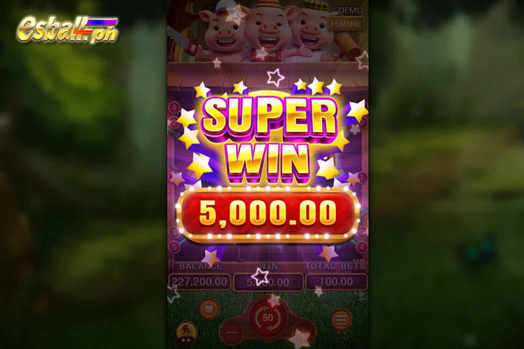 Bet 100 pesos to get a Super Win 5,000 pesos in Fachai Three Little Pigs!