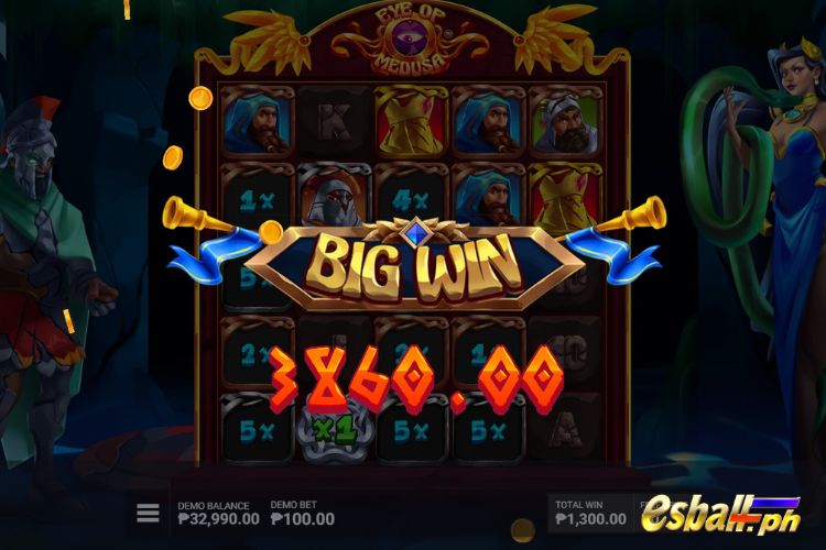 Bet 100 pesos and win 3,860 pesos on Eye Of Medusa Big Win.
