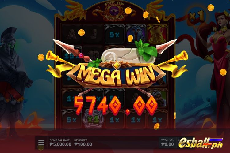 Bet 100 pesos and win 5,740 pesos on Eye Of Medusa Big Win.