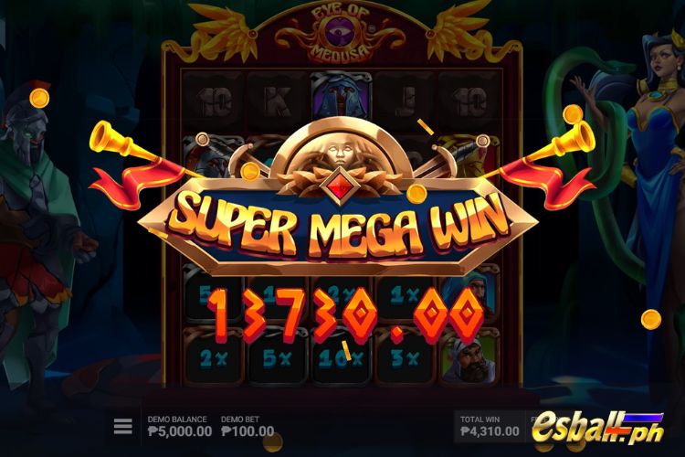 Bet 100 pesos and win 13,730 pesos on Eye Of Medusa Big Win.