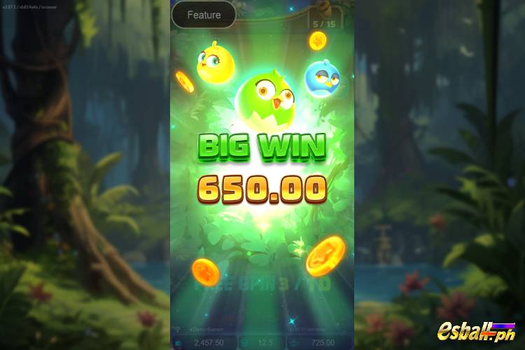 Bet 12.5 pesos and win 650 pesos on JDB Birds Party Big Win!