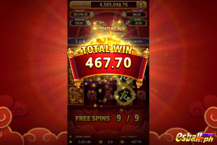 Bet 8.8 pesos and win 467.7 pesos on JDB Dragon Soar Free Spin Bonus.
