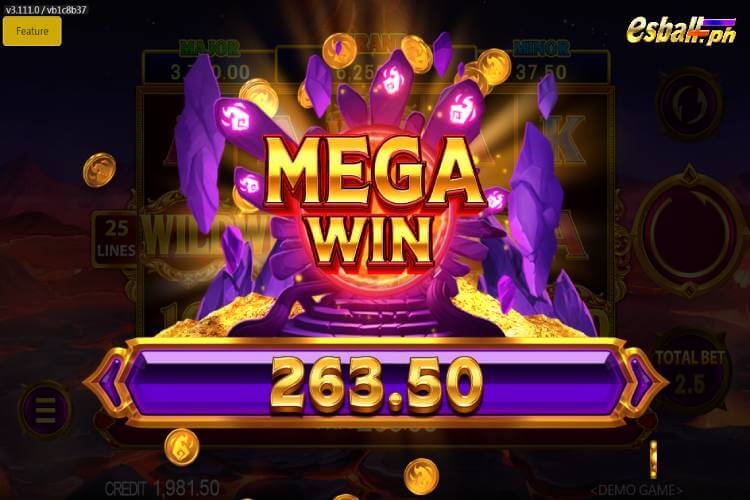 Bet 2.5 pesos and win 263.5 pesos on JDB Elemental Link Fire Mega Win.
