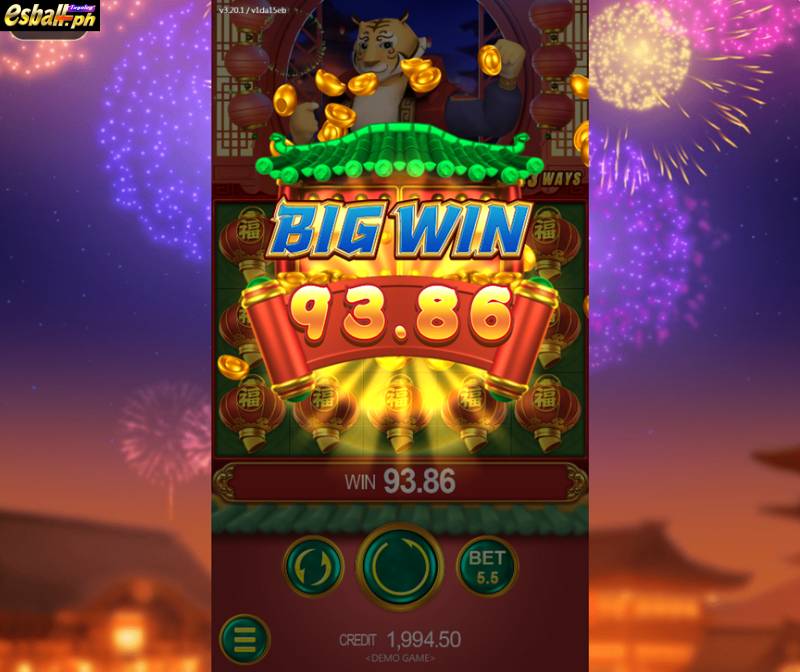 Bet 5.5 pesos and win 93.86 pesos on JDB Prosperity Tiger Slot Big Win.