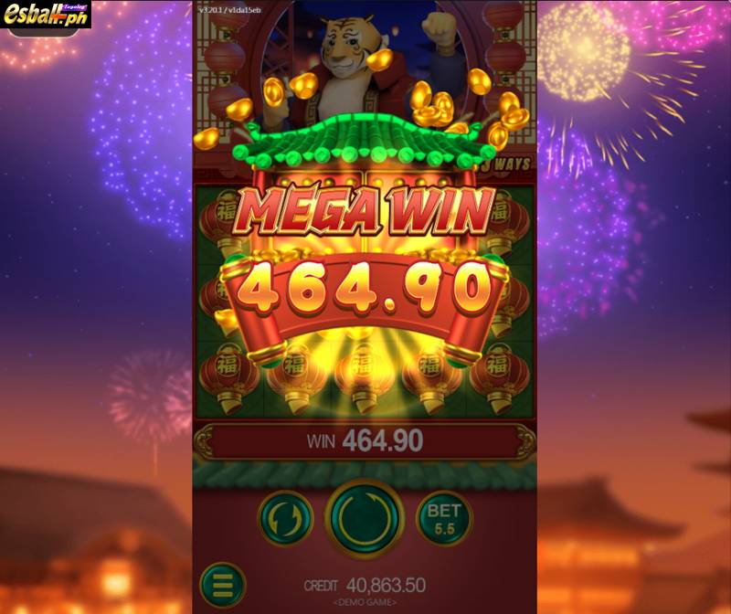 Bet 5.5 pesos and win 464.9 pesos on JDB Prosperity Tiger Slot Mega Win.