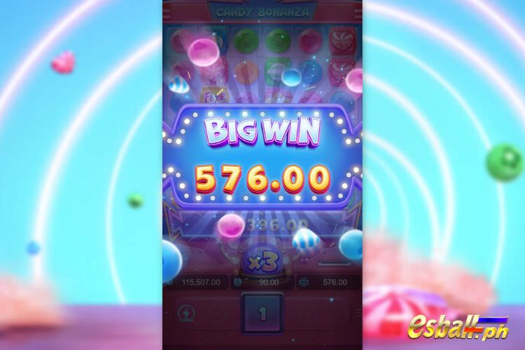 Bet 90 pesos and win 576 pesos on Candy Bonanza Big Win.