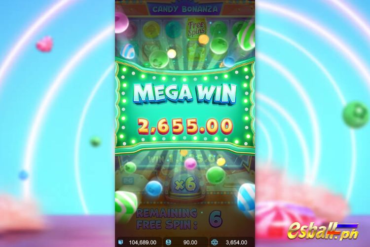 Bet 90 pesos and win 2,655 pesos on Candy Bonanza Big Win.