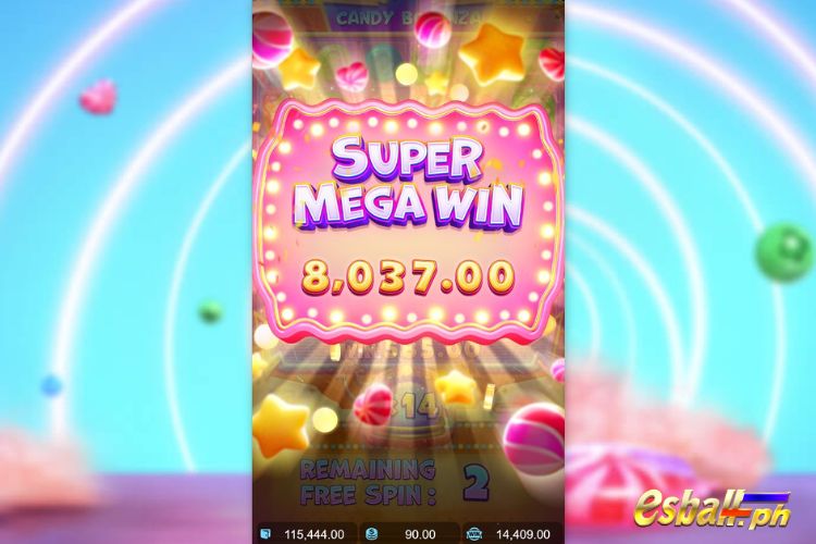 Bet 90 pesos and win 8,037 pesos on Candy Bonanza Big Win.