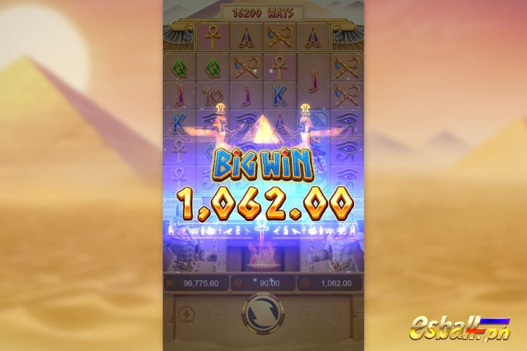 Bet 90 pesos and win 1,062 pesos on PG Egypt's Book Of Mystery Big Win.