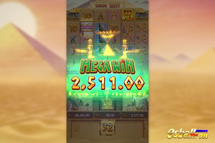 Bet 90 pesos and win 2,511 pesos on PG Egypt's Book Of Mystery Big Win.