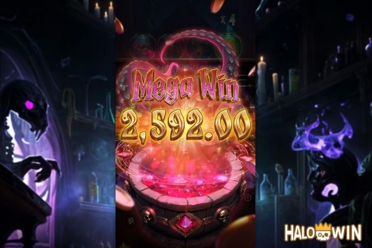 Bet 90 pesos and win 2,592 pesos on Forbidden Alchemy Big Win.