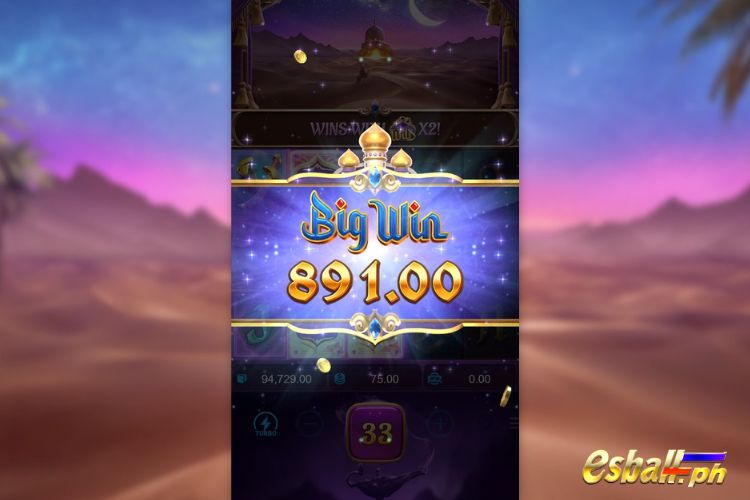 Bet 75 pesos and win 891 pesos on PG Genie's 3 Wishes Big Win.
