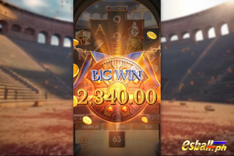 Bet 180 pesos and win 2,340 pesos on Gladiator's Glory Big Win.