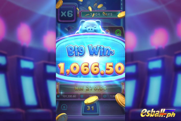 Bet 90 pesos and win 1,066.5 pesos on PG Lucky Piggy Big Win.