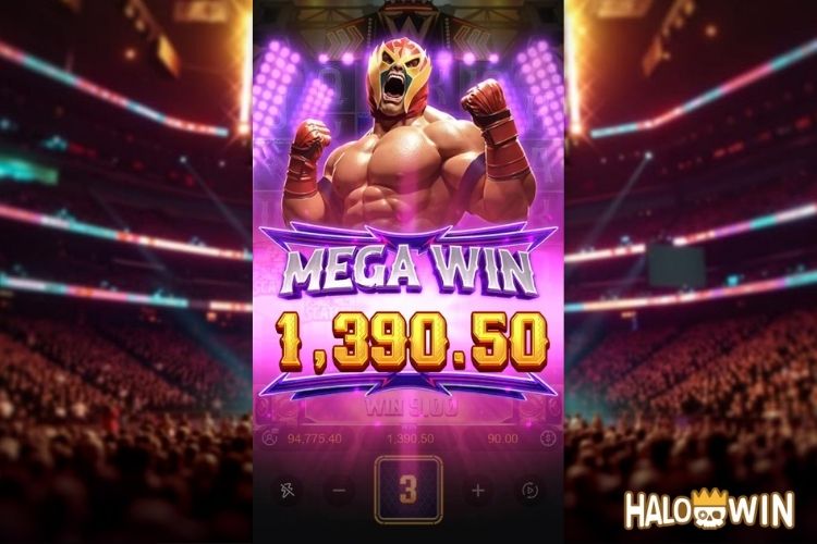 Bet 90 pesos and win 1,390.5 pesos on Reel Royale Showdown Big Win.