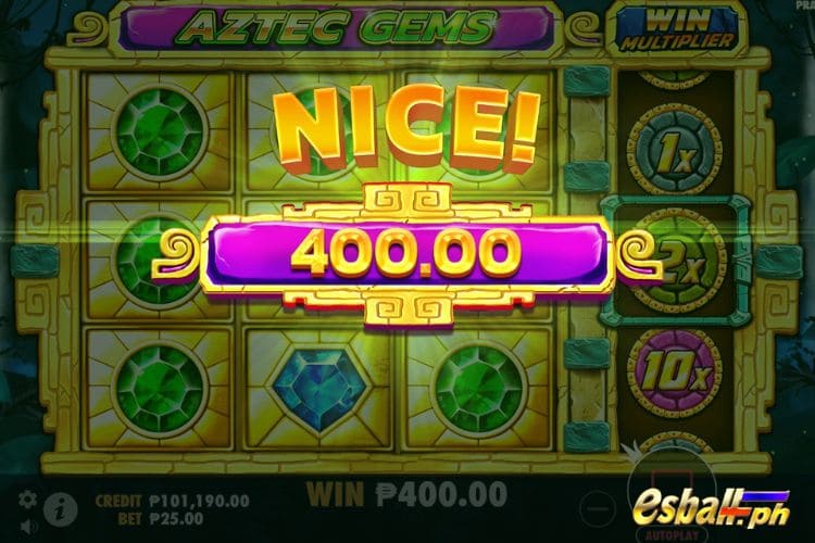 Bet 25 pesos and 400 win pesos on Aztec Gems Big Win.