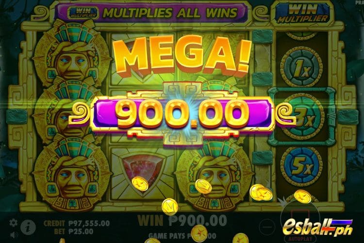 Bet 25 pesos and 900 win pesos on Aztec Gems Big Win.