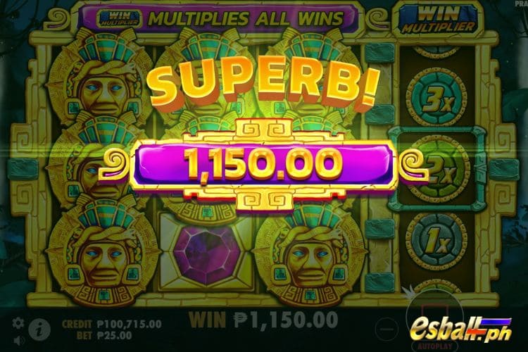 Bet 25 pesos and 1,150 win pesos on Aztec Gems Big Win.