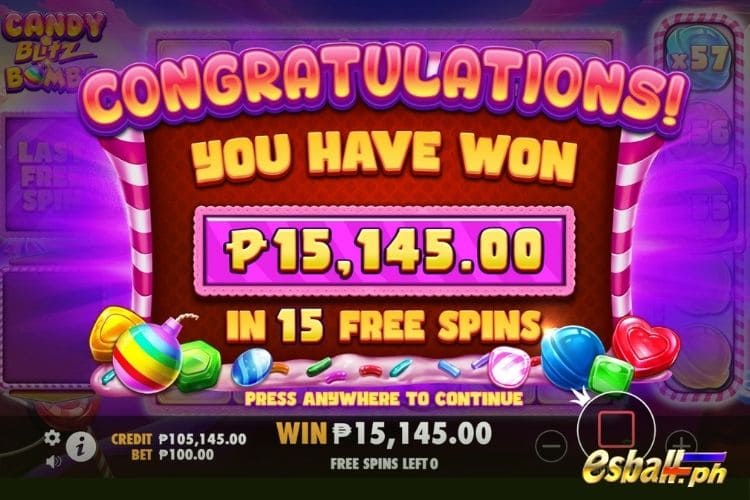Get 15,145 Pesos in PP Candy Blitz Bombs Free Game.