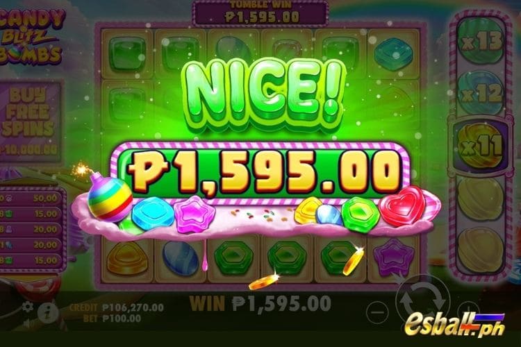 Bet 100 pesos and win 1,595 pesos on Candy Blitz Bombs Big Win.
