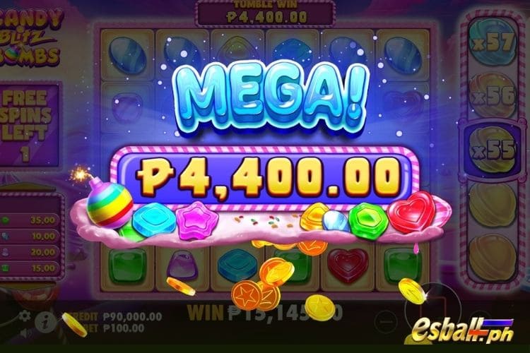 Bet 100 pesos and win 4,400 pesos on Candy Blitz Bombs Big Win.