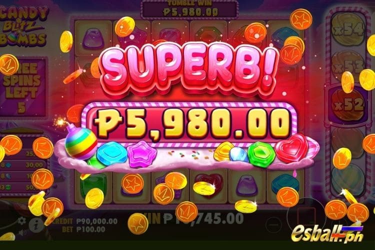 Bet 100 pesos and win 5,980 pesos on Candy Blitz Bombs Big Win.