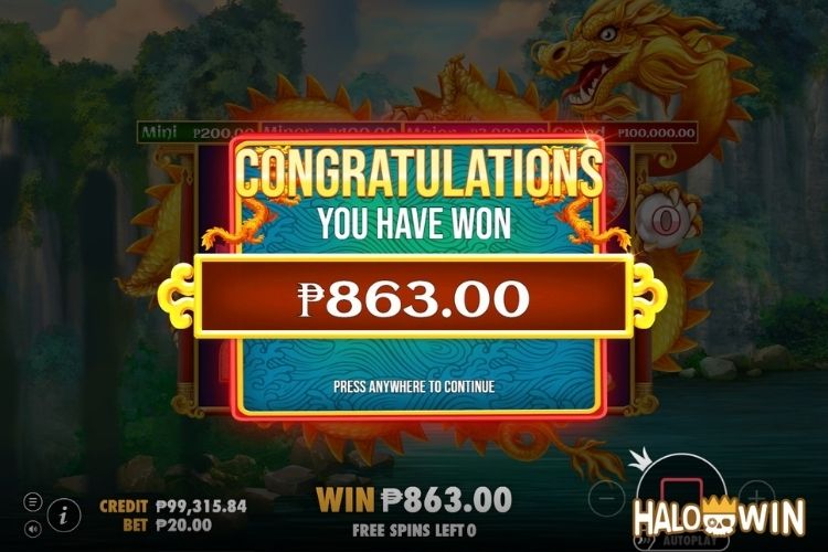 Get 863 Pesos in PP Dragon's Gate Bonus Choice Free Spins.