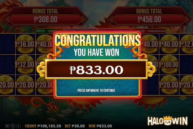 Get 833 Pesos in PP Dragon's Gate Bonus Choice Hold and Win.
