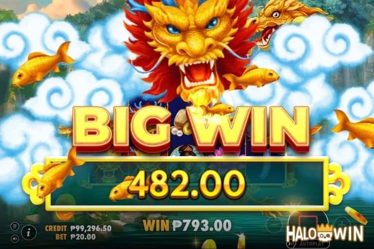 Bet 20 pesos and win 482 pesos on Dragon's Gate Bonus Choice Big Win.