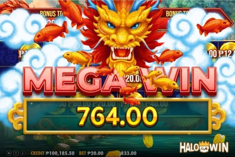 Bet 20 pesos and win 764 pesos on Dragon's Gate Bonus Choice Big Win.