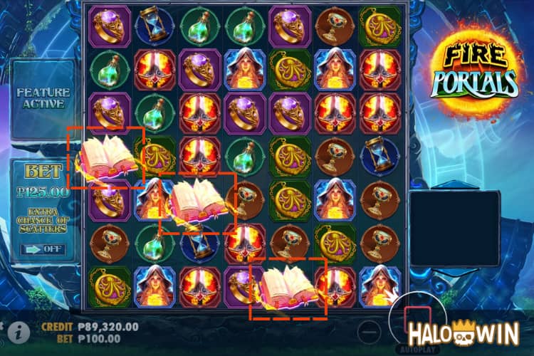 3+ Scatters trigger the free game feature.