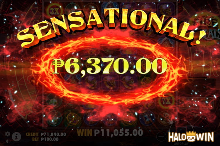 Bet 100 pesos and win 6,370 pesos on Fire Portals Big Win.