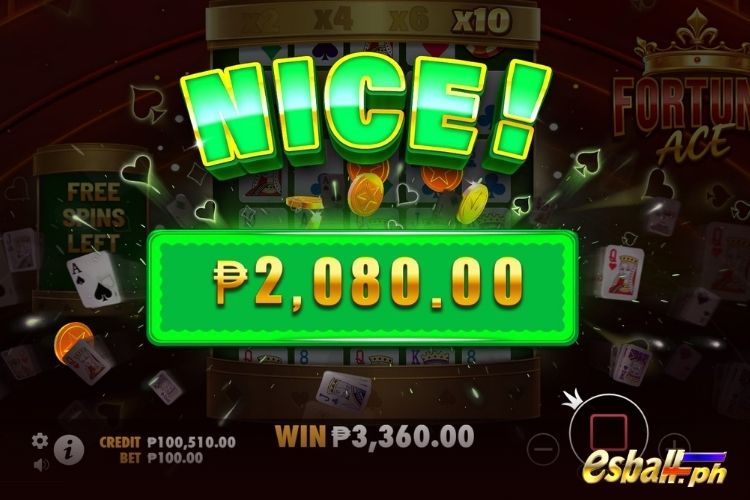 Bet 100 pesos and win 2,080 pesos on Fortune Ace Big Win.