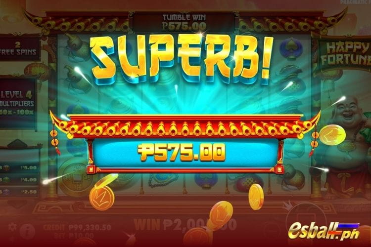 Bet 10 and get a big win 575 in the Happy Fortune.