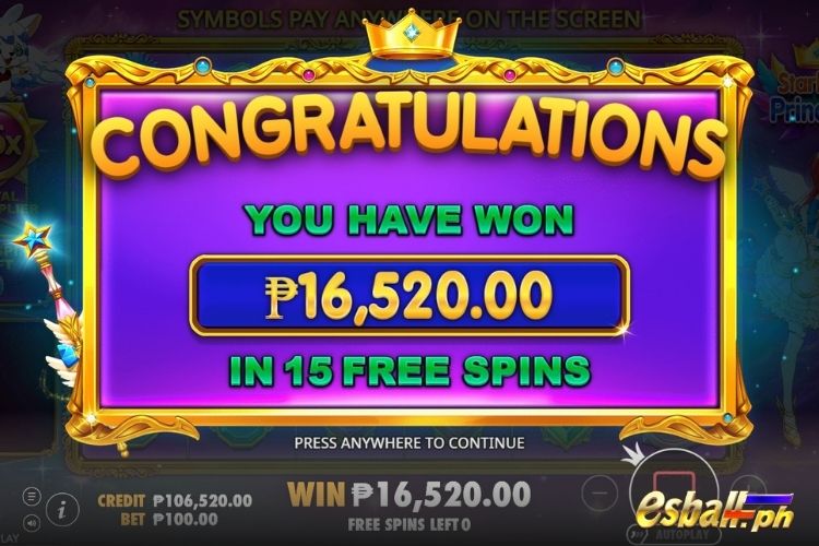 Get 16,520 Pesos in PP Starlight Princess Free Spins.