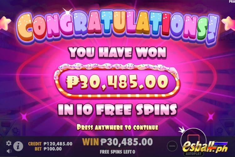 Get 30,485 Pesos in PP Sugar Rush Free Spins.
