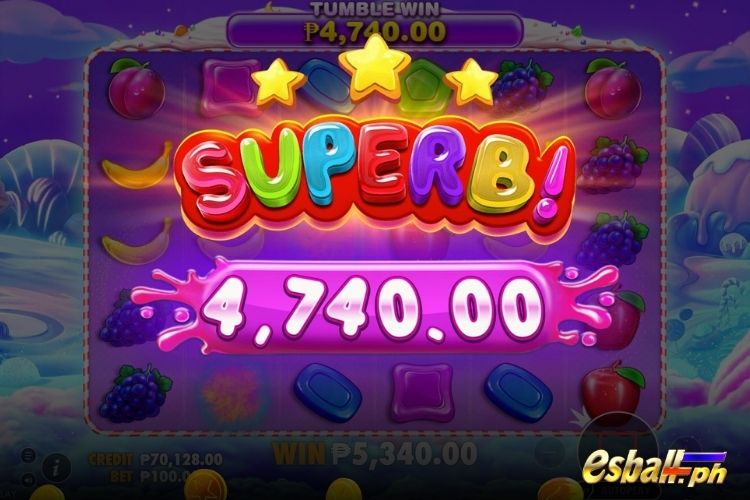 Bet 100 pesos and win 4,740 pesos on Sweet Bonanza Big Win.