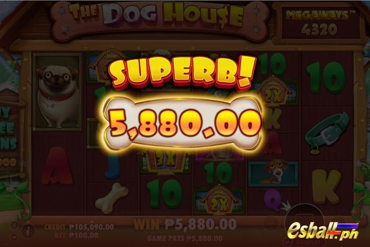 Bet 100 pesos and win 5,880 pesos on The Dog House Megaways Big Win.