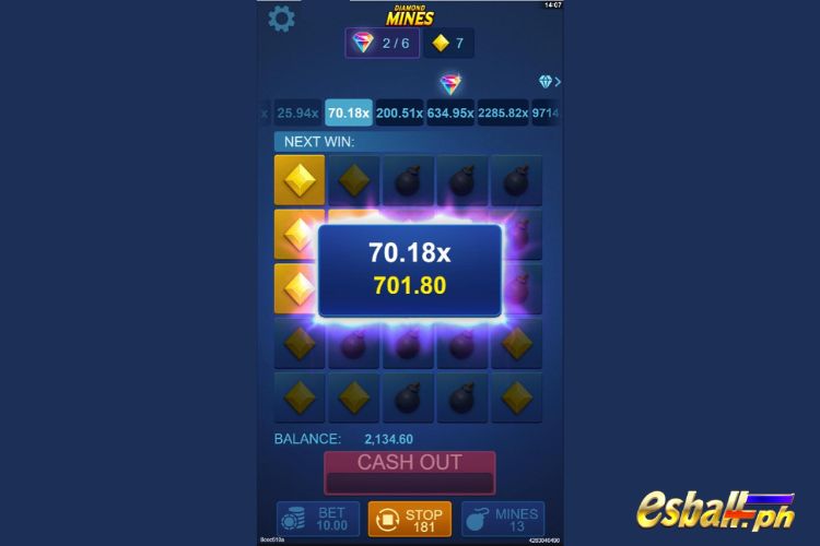 Bet 10 pesos and win 701.8 pesos on Diamond Mines Big Win.