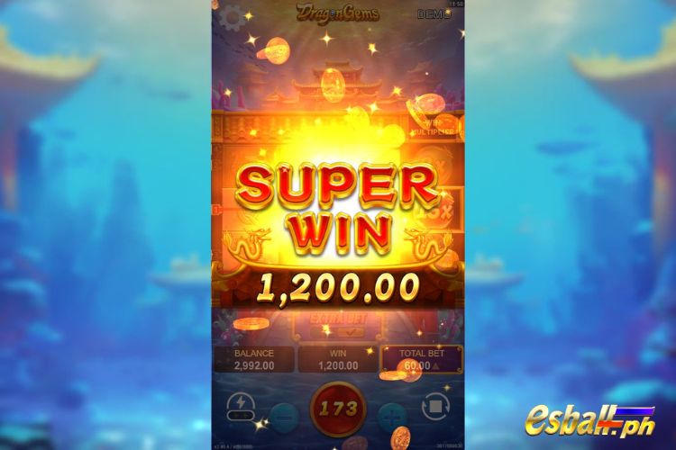Bet 60 pesos and win 1,200 pesos on Dragon Gems Big Win.