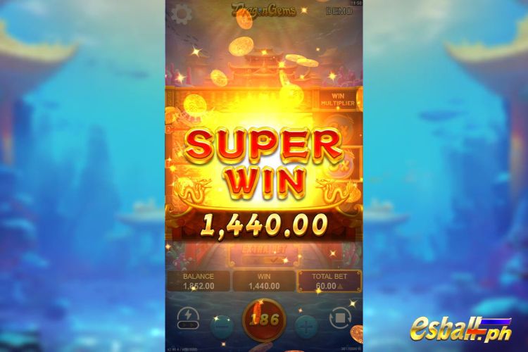 Bet 60 pesos and win 1,440 pesos on Dragon Gems Big Win.