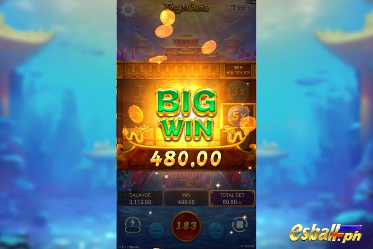 Bet 60 pesos and win 480 pesos on Dragon Gems Big Win.