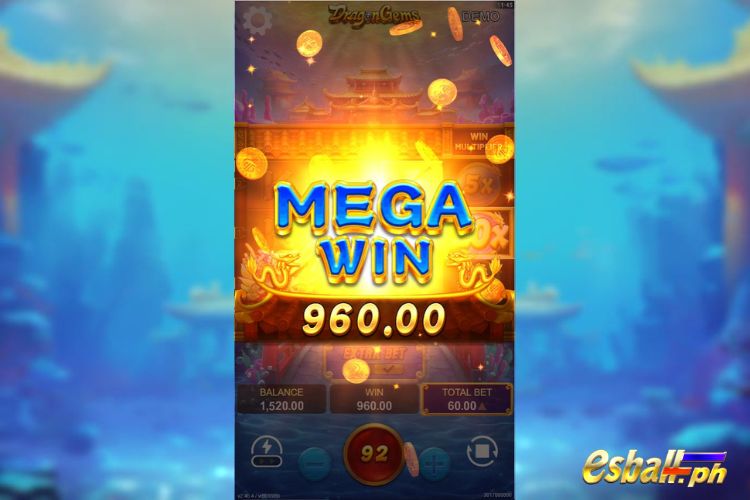 Bet 60 pesos and win 960 pesos on Dragon Gems Big Win.